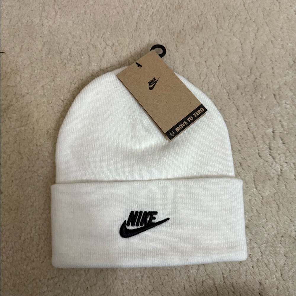 Nike White Knit Beanie with Black Logo